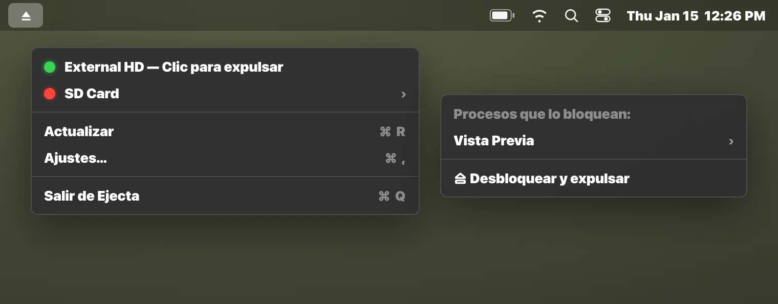 App Ejecta en la barra de menú mostrando el proceso que bloquea el disco externo en macOS