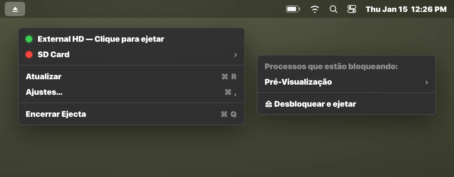App de barra de menus Ejecta mostrando processo bloqueador para disco externo no macOS