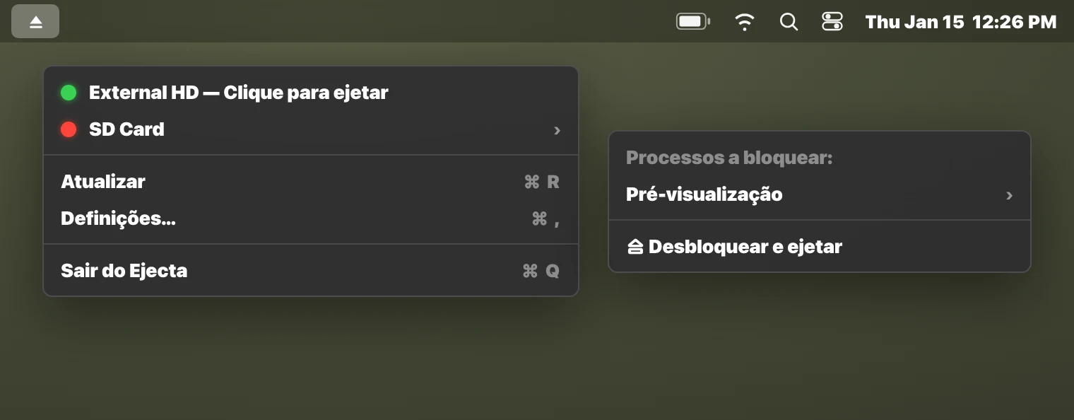 Aplicação de barra de menus Ejecta que mostra o processo bloqueador para um disco externo no macOS
