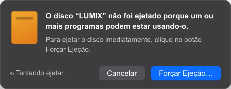 Caixa de diálogo de erro de disco em uso do macOS