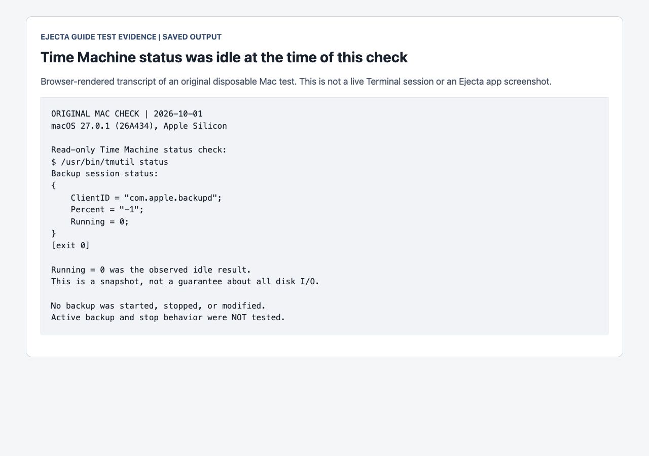 Browser-rendered saved output of the original read-only tmutil status check, showing Running equals zero and its limitations.